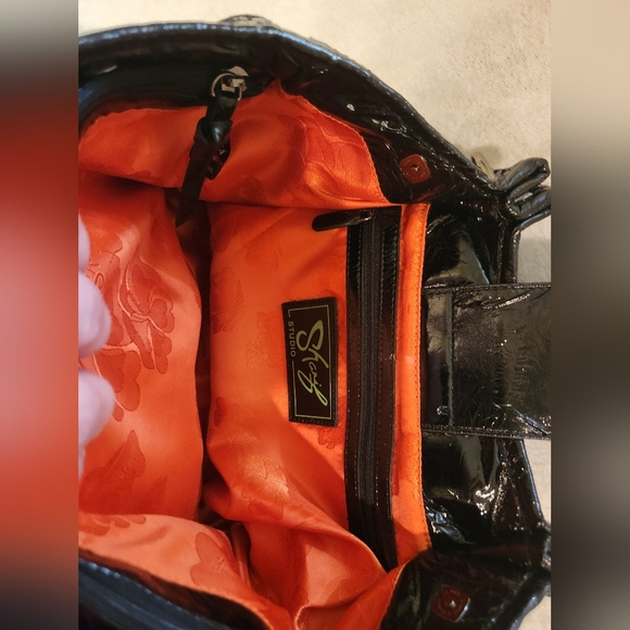 SHARIF 1827 Black Metallic Floral Python Embossed Italian Leather Satchel - Picture 9 of 15